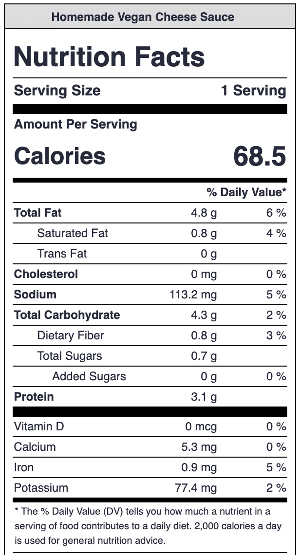 Nutrition facts for 1 serving (2 Tbsp)
Calories 68.5
Total fat 4.8 g
Sodium 113.2 mg
Carbohydrate 4.3 g
Protein 3.1 g
Potassium 77.4 mg